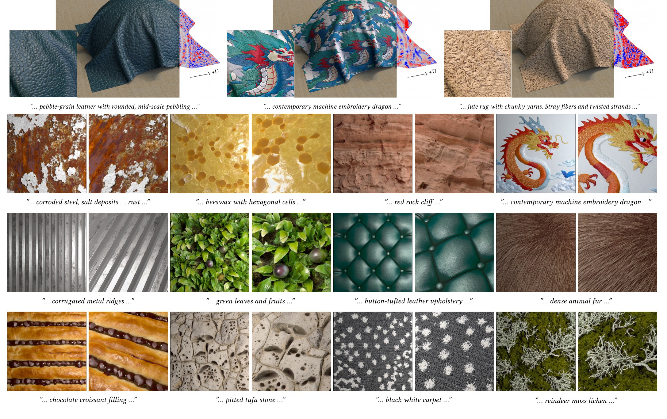 VideoNeuMat examples showing reconstructed neural materials from generative video models